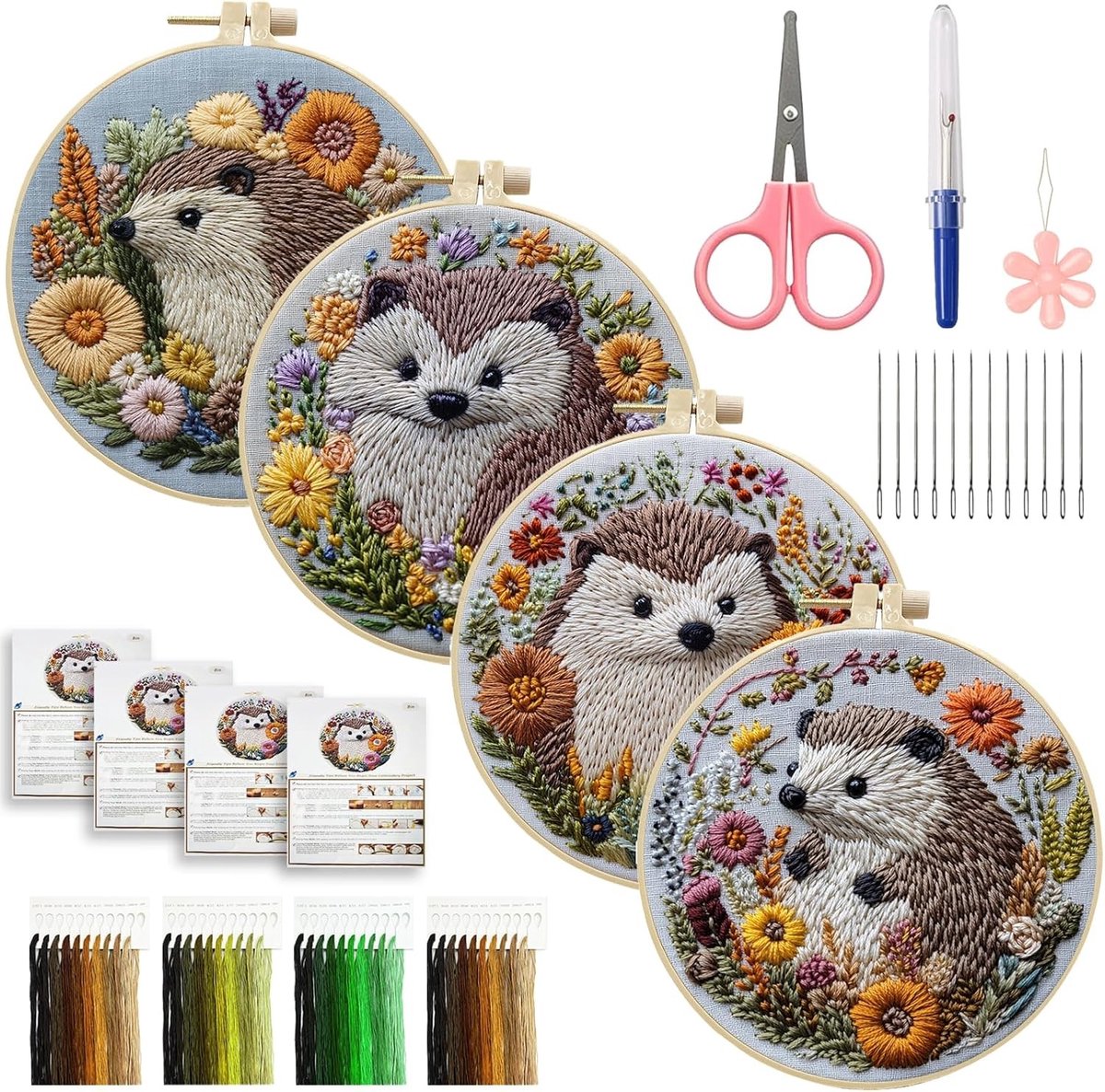 Gofission Borduurset voor Volwassenen en Beginners met Dieren en Egels in Bloemenkrans - DIY Voorgeprint Stofset met Accessoires voor Thuisdecoratie