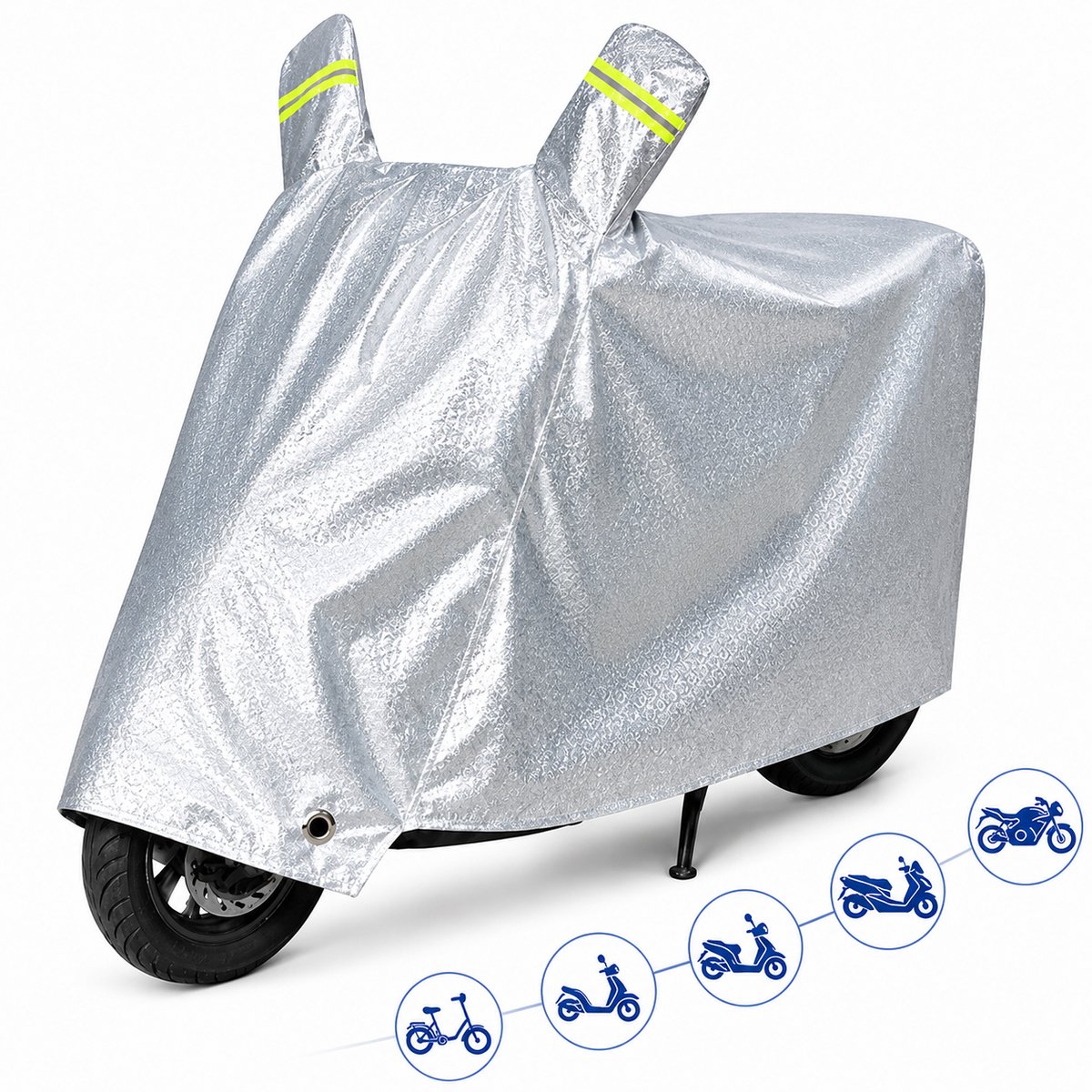 VHV-Scooterhoes - Beschermt tegen regen, zon, stof en vuil - M - Windvast met klikgesp - Motorhoes met reflectiestrepen en slotgat - Voor scooter, brommer, e-bike en motor - 200*100cm - Zilver