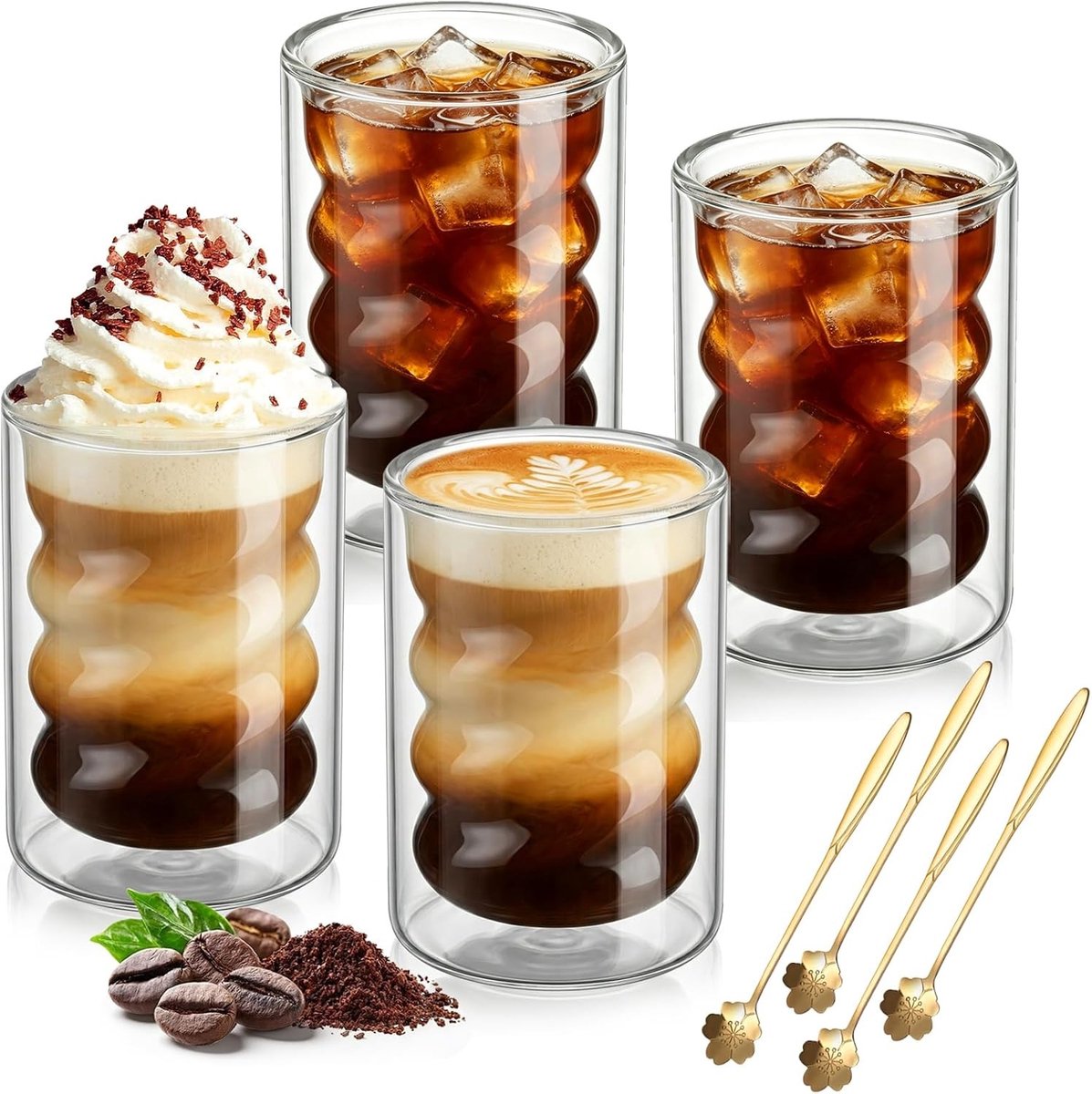 Set van 4 Dubbelwandige Latte Macchiato Glazen van Borosilicaat met Lepels - Ideaal voor Koffie, Thee en Iced Americano