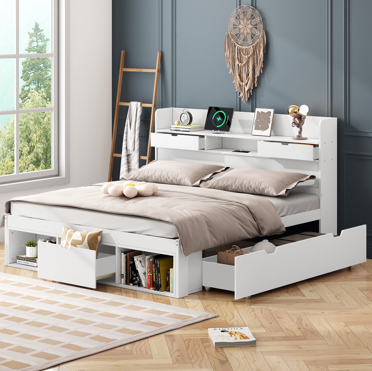 COVREO Normaal bed met USB en lades – 140x190 cm – Kinderbed van hout en MDF – voor kinderen en tieners – Wit - zonder matras