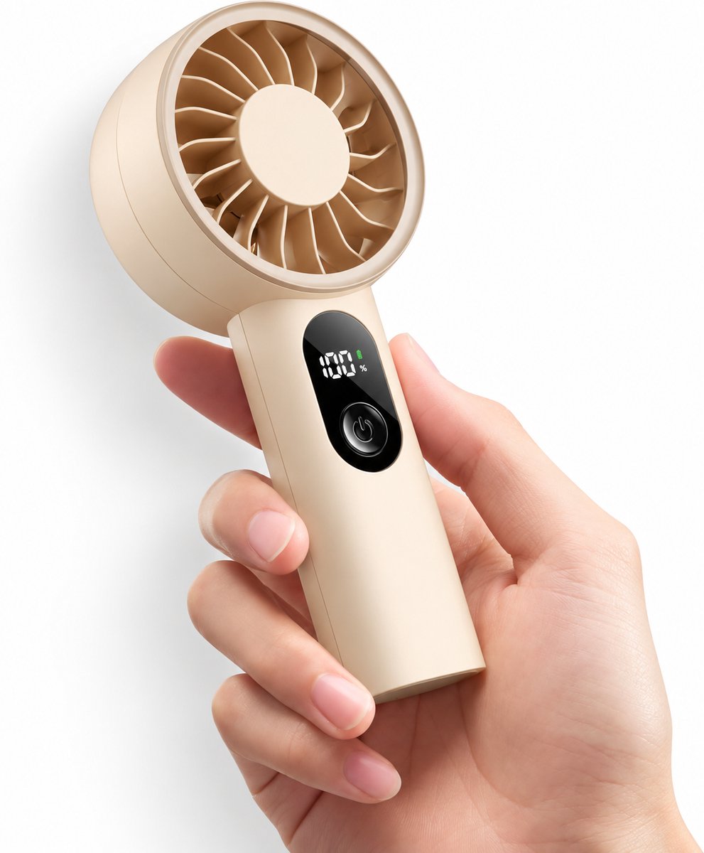 Krachtige Handventilator – USB Oplaadbare Zakventilator – Tot 10 Uur Koeling – Schokbestendig en Lichtgewicht – Draagbare Mini Ventilator voor Zomer en Reizen – Beige