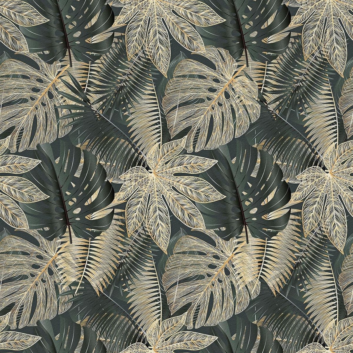 Zwart/goud jungle behang met palmbladeren voor slaapkamer, hal en keuken – zelfklevend fotobehang, vintage meubelfolie 44,5 x 300 cm