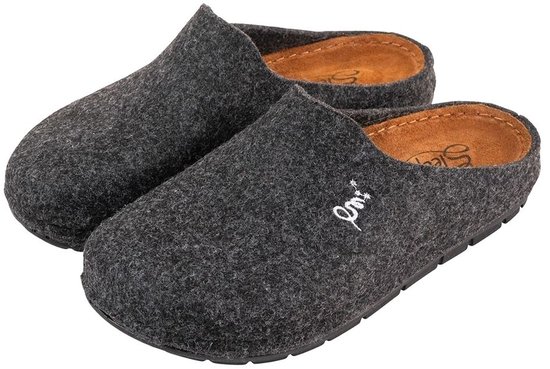 Mules en feutre gris foncé Sleepy avec logo blanc et semelle intérieure marron.