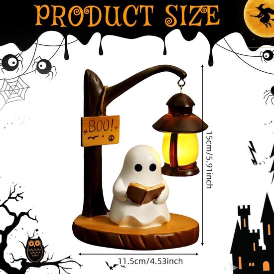 Spook leeslamp, Verlicht Spook bureaulamp, LED-leeslamp, Lichtgevend beeldje, Harsbeeldje, Halloween-decoratie voor kantoor, slaapkamer, studentenkamer, Spook onder de lamp — afbeelding 3