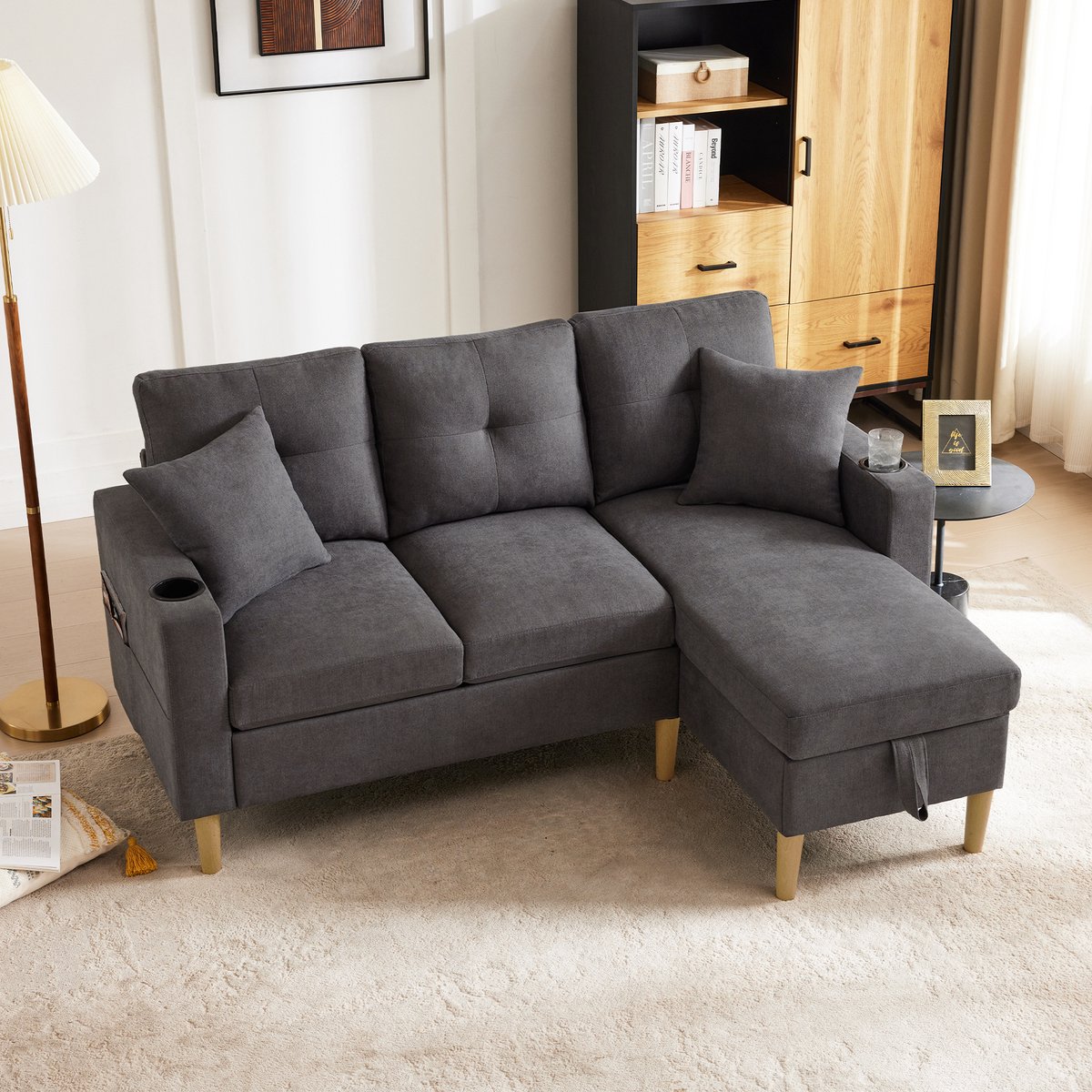 Woonkamer Hoekbank, L-Bank, 3-Zits Bank, L-Vormige Moderne Bank, 3-Zits Bank Met Chaise Longue, Opbergruimte, Geïntegreerde Bekerhouder, Wordt Geleverd Met 2 Kussens, Geschikt Voor Woonkamer, Donkergrijs
