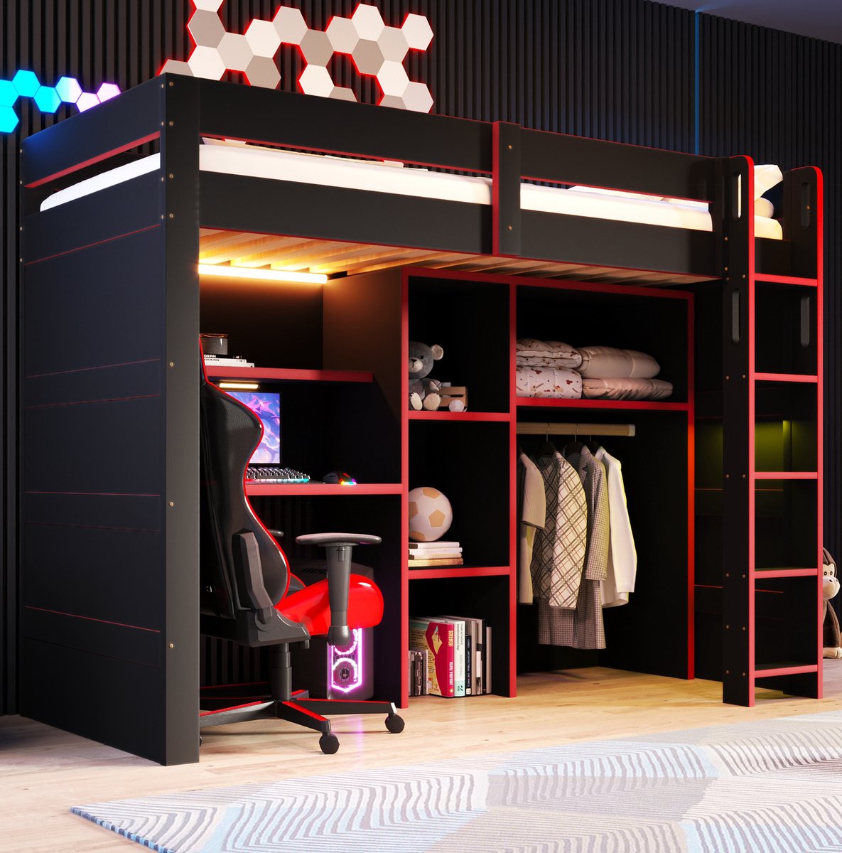 REDOM - Hoogslaper - Met bureau en kledingkast - Met opbergruimte en LED-verlichting - MDF - Zwart en rood - 205 x 95 x 170 cm