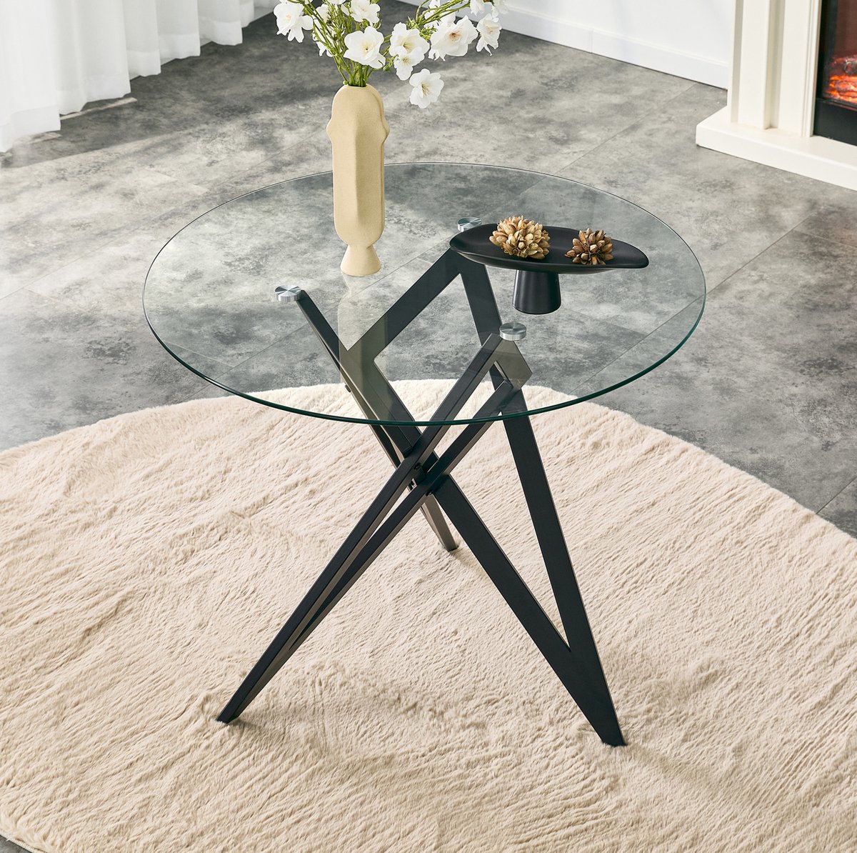 OKWISH Salontafel - Rond Design Met Geometrisch Onderstel - Voor Woonkamer En Lounge - Gehard Glas En Metaal Zwart - 85x75,7 cm