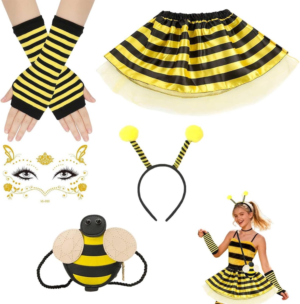 Complete Bijen Kostuum Set voor Volwassenen en Kinderen - Inclusief Hoofdband, Stickers, Tas en Polsbanden - Perfect voor Feesten en Thema Evenementen