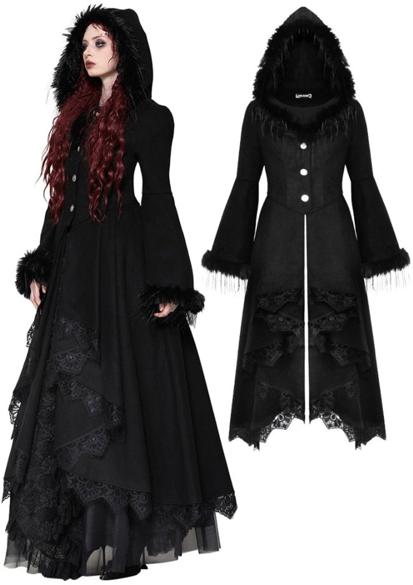 Dark in Love - Romantic gothic plush hem with grand skirt Winterjas - XL - Zwart