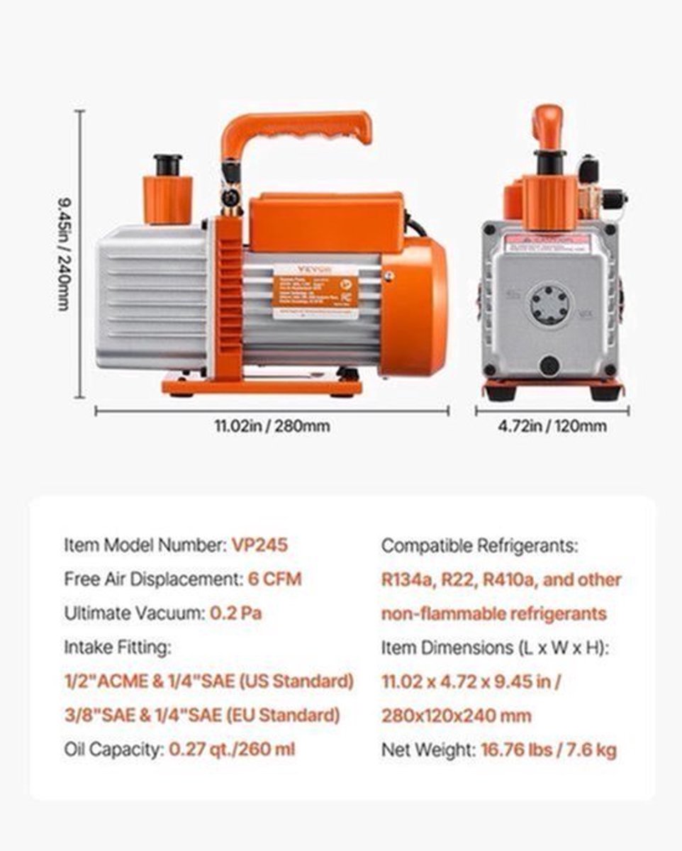 Vacuümpomp – Vacuüm Pomp – Aircopomp – Koelpomp – HVAC Pomp – 6 CFM 2-Traps – Koper Motor – Oliezichtvenster