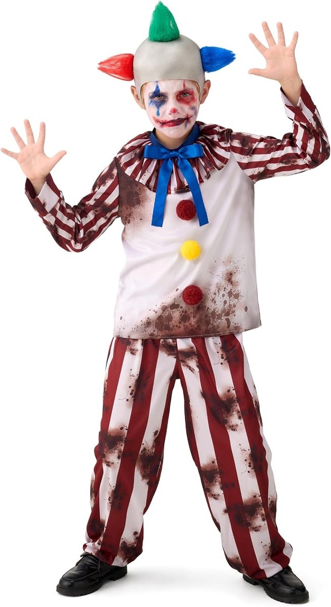 Halloween jongens vintage strepen clown kostuum set met bloed gevlekt ontwerp, hoed, tas en ruchekraag voor een griezelige look.