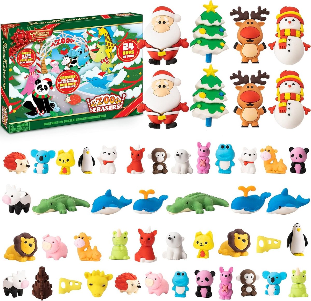 Adventskalender voor Kerstmis 2023 met 24 Dagen Countdown en Animatiefiguren, Inclusief 48 Gummetjes en Puzzels, Verrassingsspeelgoed voor Kinderen en Feestjes
