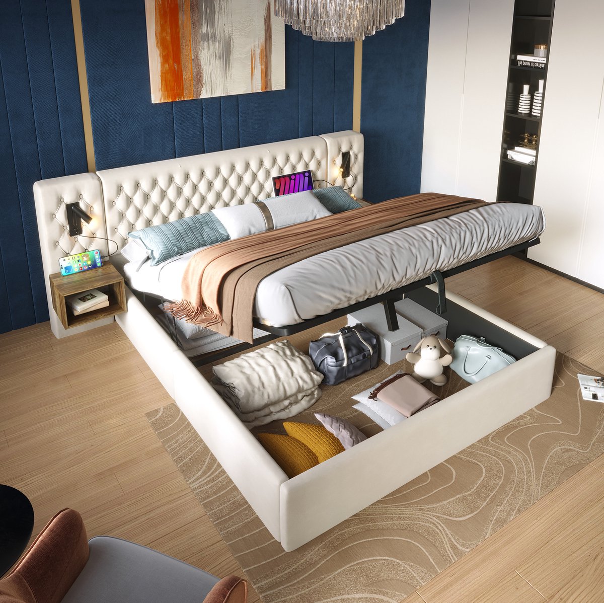 MIVRAY Tweepersoons Bed 180x200 Cm Opbergbed Met 2 Nachtkastjes Hoofdbord Met Leeslamp En Usb En Type C Zonder Matras Velours Beige