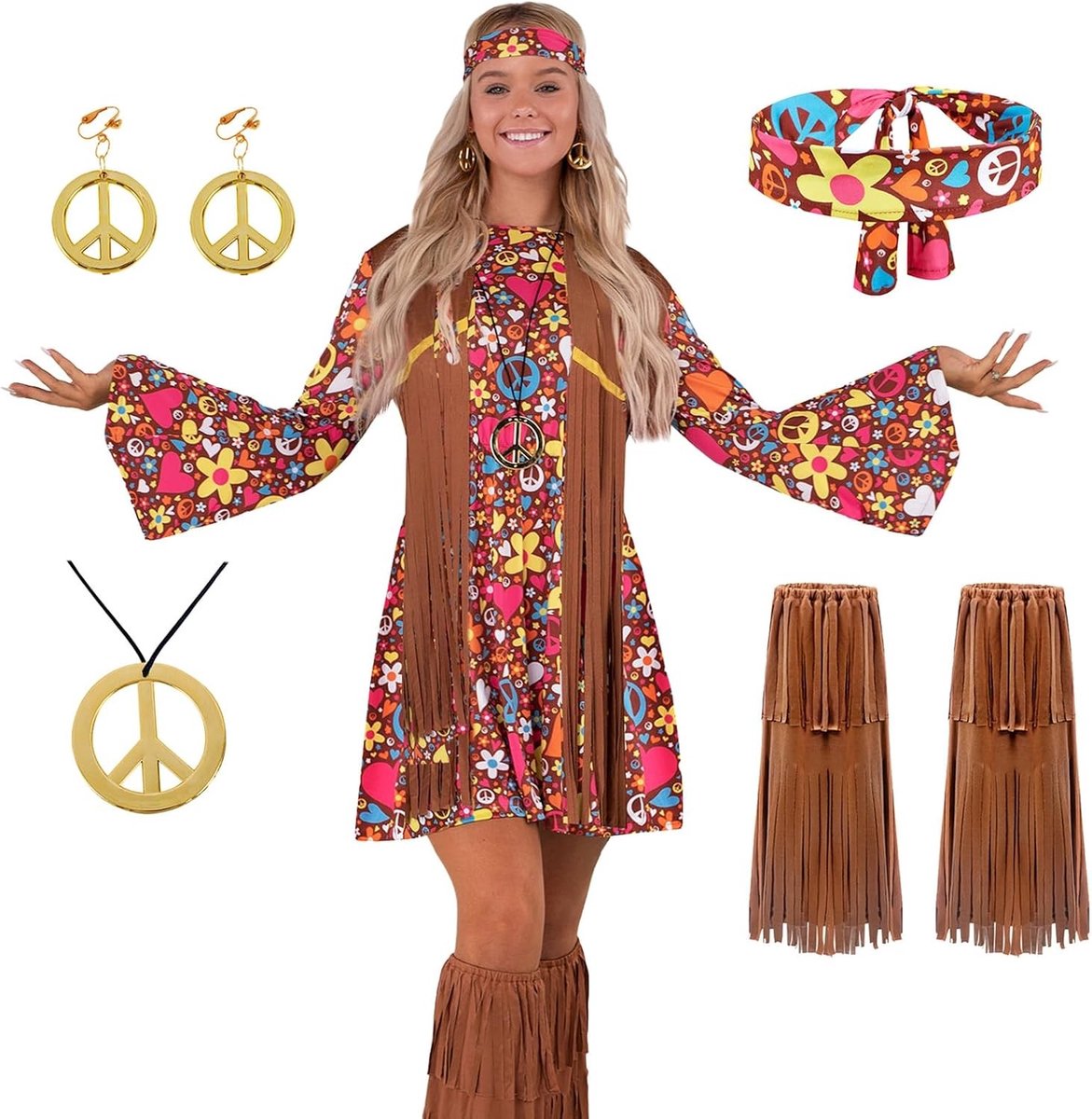 Hippie Kostuum Set voor Vrouwen met Hoofdband, Oorbellen, Jurk, Vest en Sokken voor 70s Halloween Cosplay en Feestjes