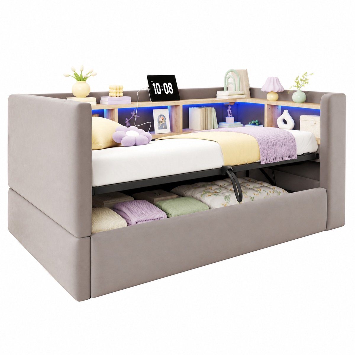 WUVRIE Bedbank 90x190 cm met hydraulische opbergruimte, LED en stopcontacten, donkergrijs