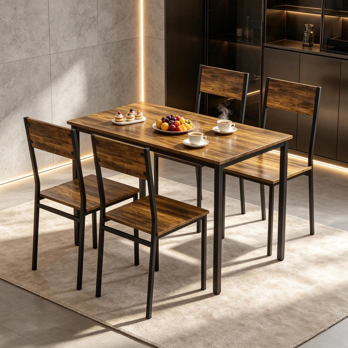 FloraGrace Tafel En Stoelen Set 108 x 60 x 76 cm - Rechthoekige Eettafel Met 4 Stoelen - Industrieel Voor Keuken En Eetkamer - Hout En Metaal - Zwart Rustiek Bruin