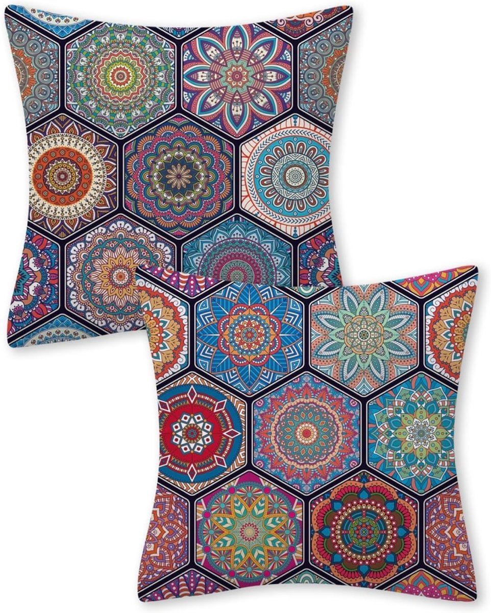 Mandala Kussenslopen Set van 2, 100% Katoen, Multicolor, Hypoallergeen en Super Zacht, Ideaal voor Bohemian Interieur (45x45cm)