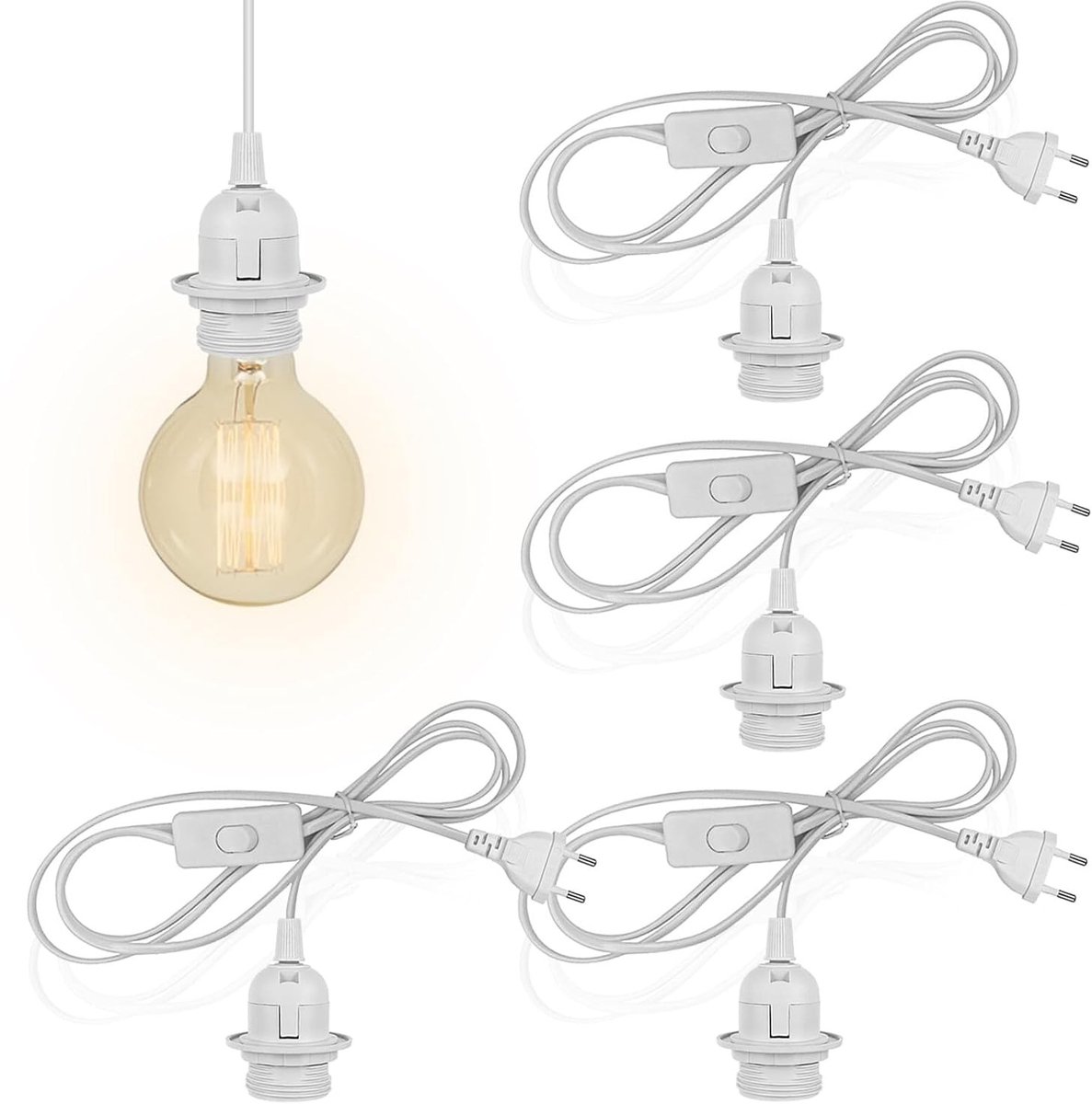 Set van 4 E27 Lampenhouders met Schakelaar en EU Stekker: Lampenhouder met 3 m Kabel, Schroefschakelaar en Stekkeradapter voor Keuken, Woonkamer, Kinderkamer en Kantoor (Wit)