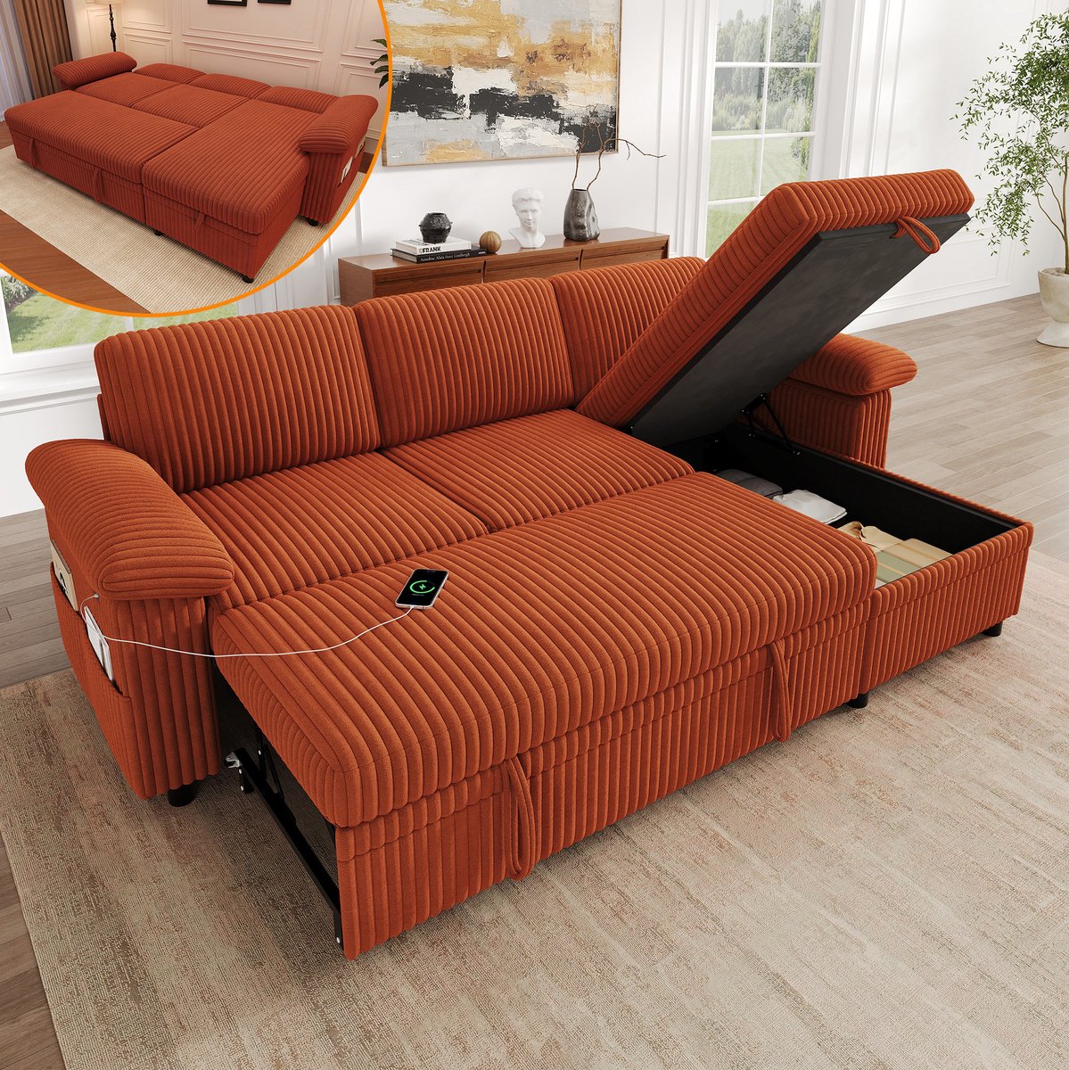 Wishdor Hoekbank slaapbank - L-vormig met opbergruimte en 5 standen rugleuning - USB/type-c-oplaadpaneel - Woonkamer slaapkamer - Corduroy - Oranje - 214 x 138,5 x 89 cm