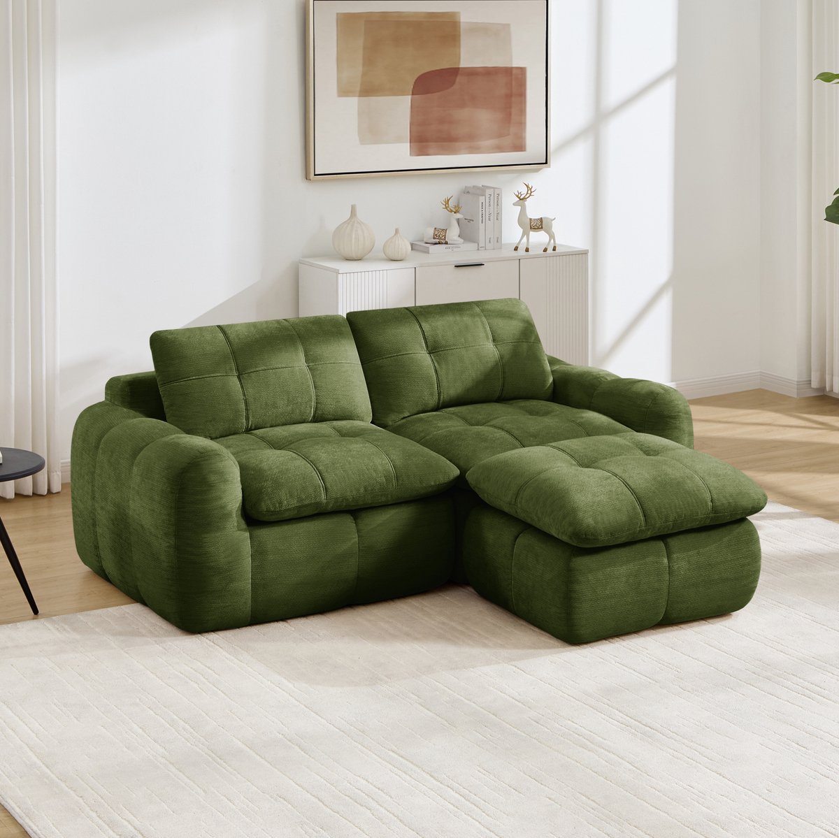 Wishdor Hoekbank - L-vormig en frameloos - Modulair met ottoman en antislip onderzijde - Gestikt patroon - Woonkamer appartement - Chenille - Groen - 194 x 160 x 68 cm