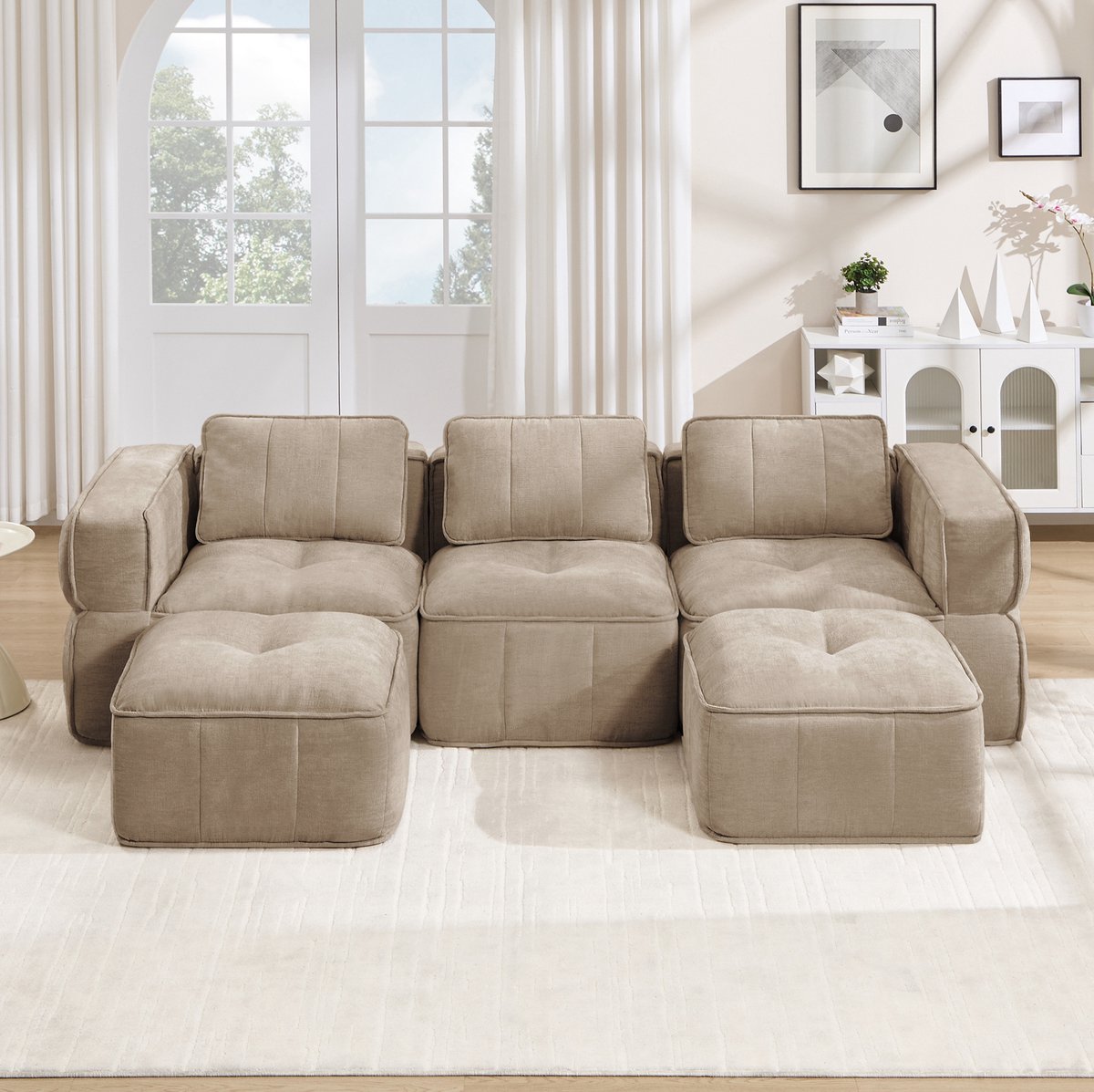 Wishdor U-bank - 3-zits met 2 hockers - Modulair en zonder montage - Modern design - Woonkamer lounge - Polyester - Sand - 271 x 162 x 67 cm
