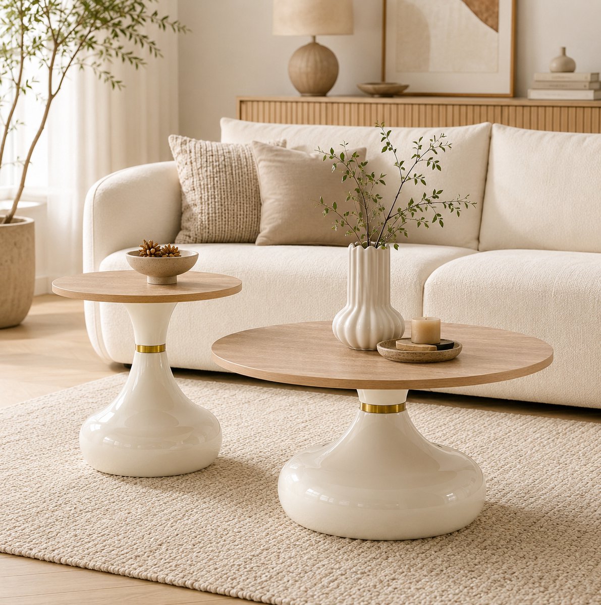 MODENUIT Salontafel Set van 2 - Rond MDF Tafelblad - Modern Voor Woonkamer En Slaapkamer - Hout - Wit