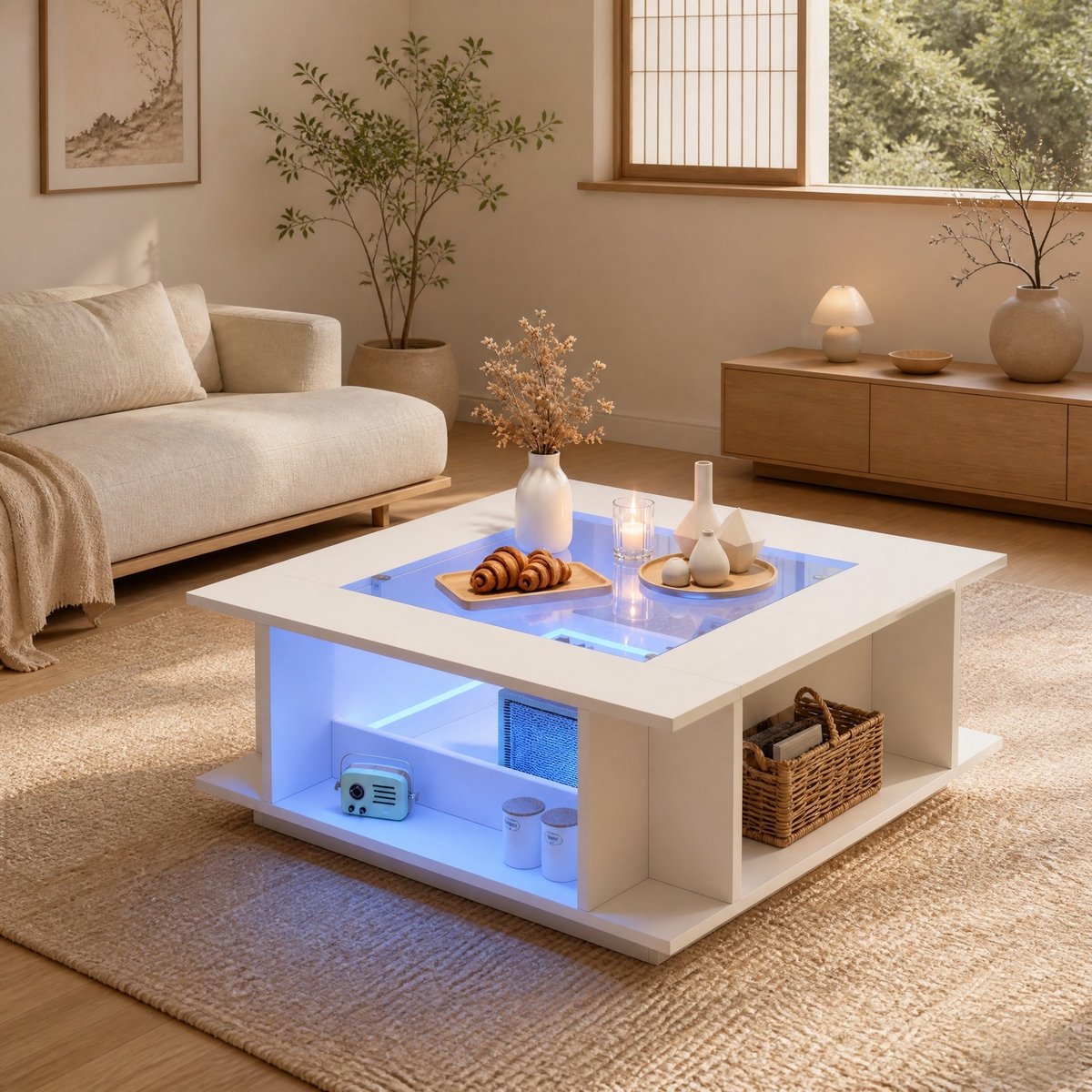 Wishdor Salontafel - Vierkant design - Open opbergruimte en led-verlichting - Modern voor woonkamer en zithoek - Bewerkt hout en glas - Wit - 70 x 70 x 30 cm