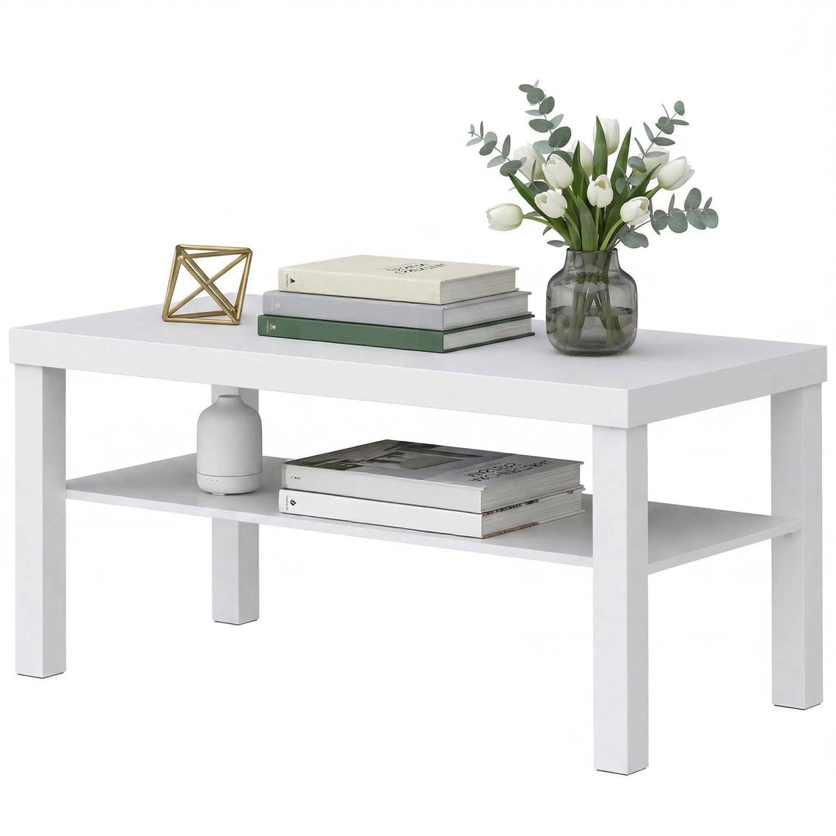 Salontafel - lage salontafe - rechthoekig bijzettafeltje met 2 niveaus en opbergplank - 90x45x44 - 5 cm - wit