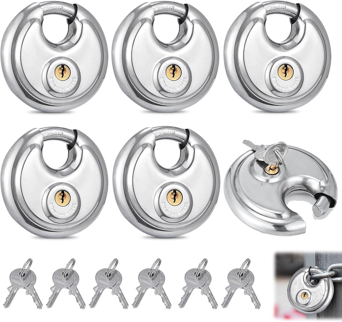 Set van 6 weerbestendige 70mm hangsloten met sleutel, rond scharnier, veilig en duurzaam