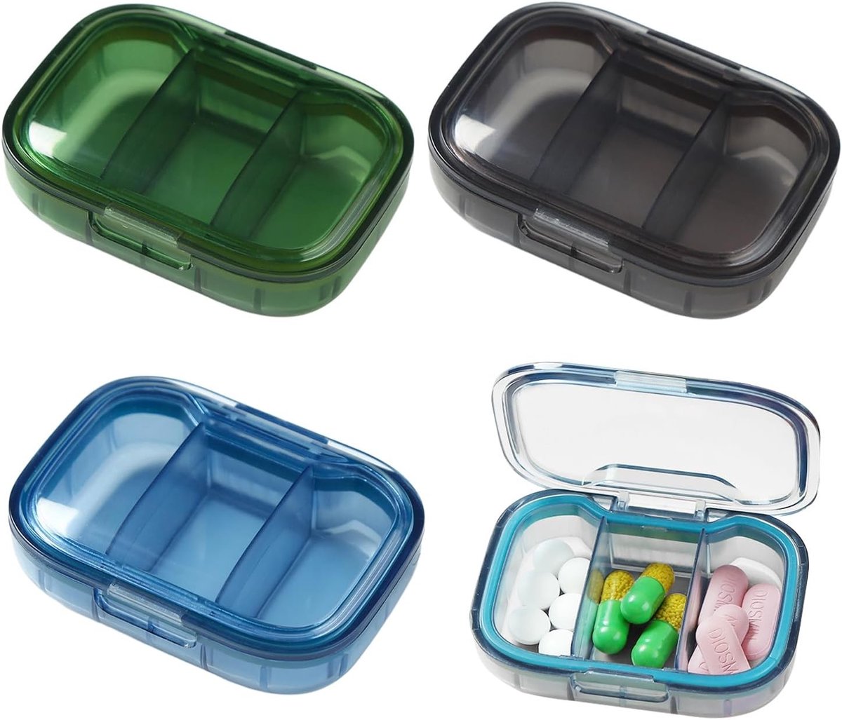 Drie-delige pillendoos met 3 compartimenten, pillenorganizer voor reizen, compacte medicijnbox voor uitjes en kamperen (blauw, groen, zwart)