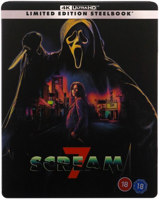 Limited Edition Steelbook 4K Ultra HD met Scream 7 logo. Ghostface met mes en een vrouw op een stadstraat.