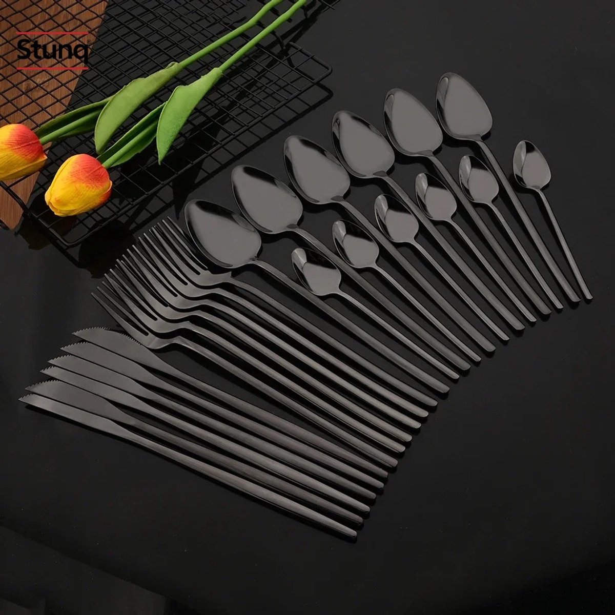 Stunq® 24-delige RVS Bestekset Spiegel Zwart – 6 Vorken, 6 Messen, 6 Lepels, 6 Koffielepels