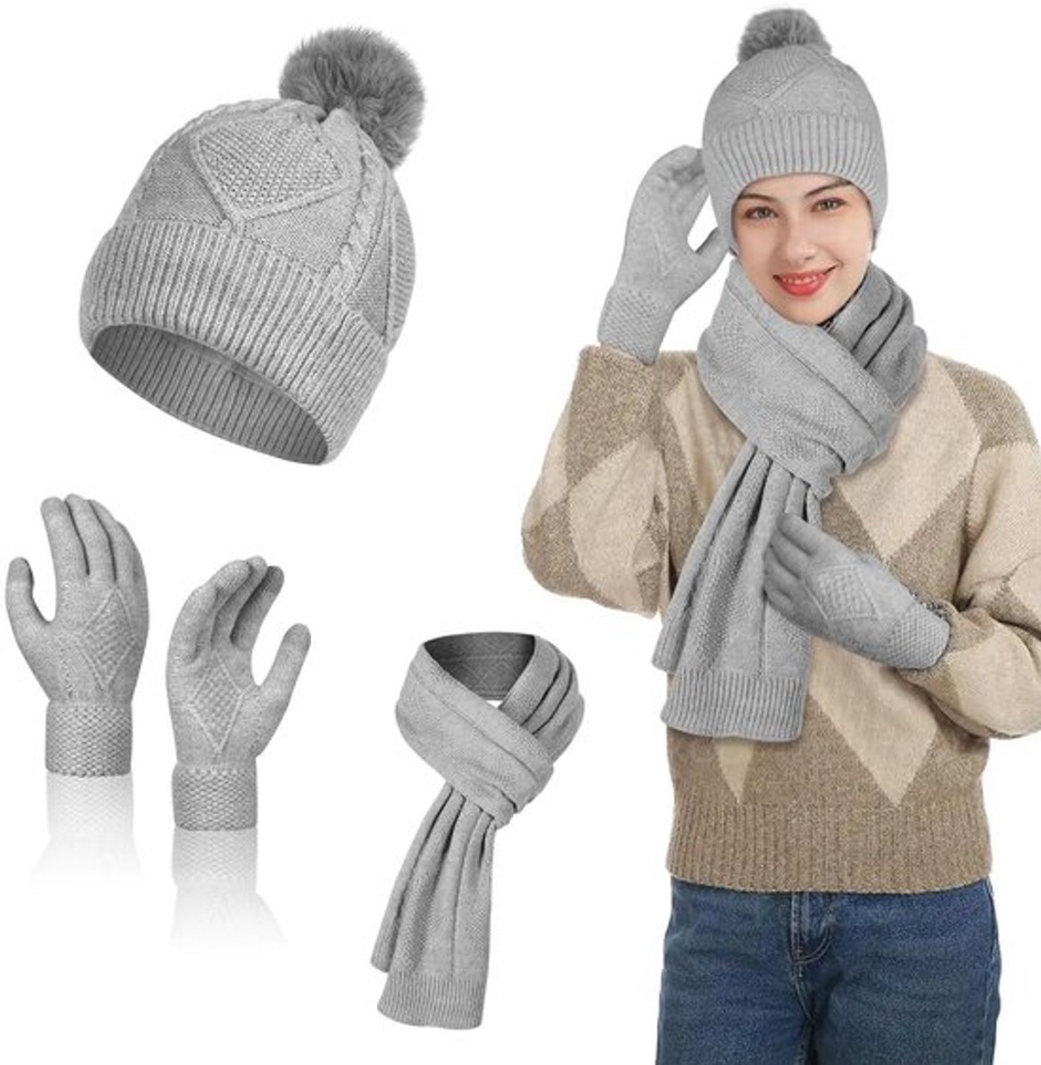 Dailygoody - Gebreide muts - Winterset voor dames - Warme sjaal en handschoenen