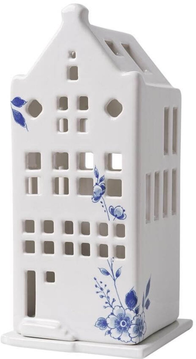 Heinen Delfts Blauw Waxinelichthouder huis - tuitgevel - Delfts blauw - 17 cm