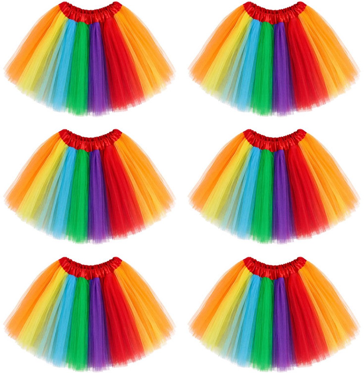 Tutu rok voor dames - 6-delige set in verschillende kleuren - 5 lagen lichte, ademende tule met elastische taille - ca. 41 cm lang, taille 56-99 cm, voor hardlopen, dans en themafeesten