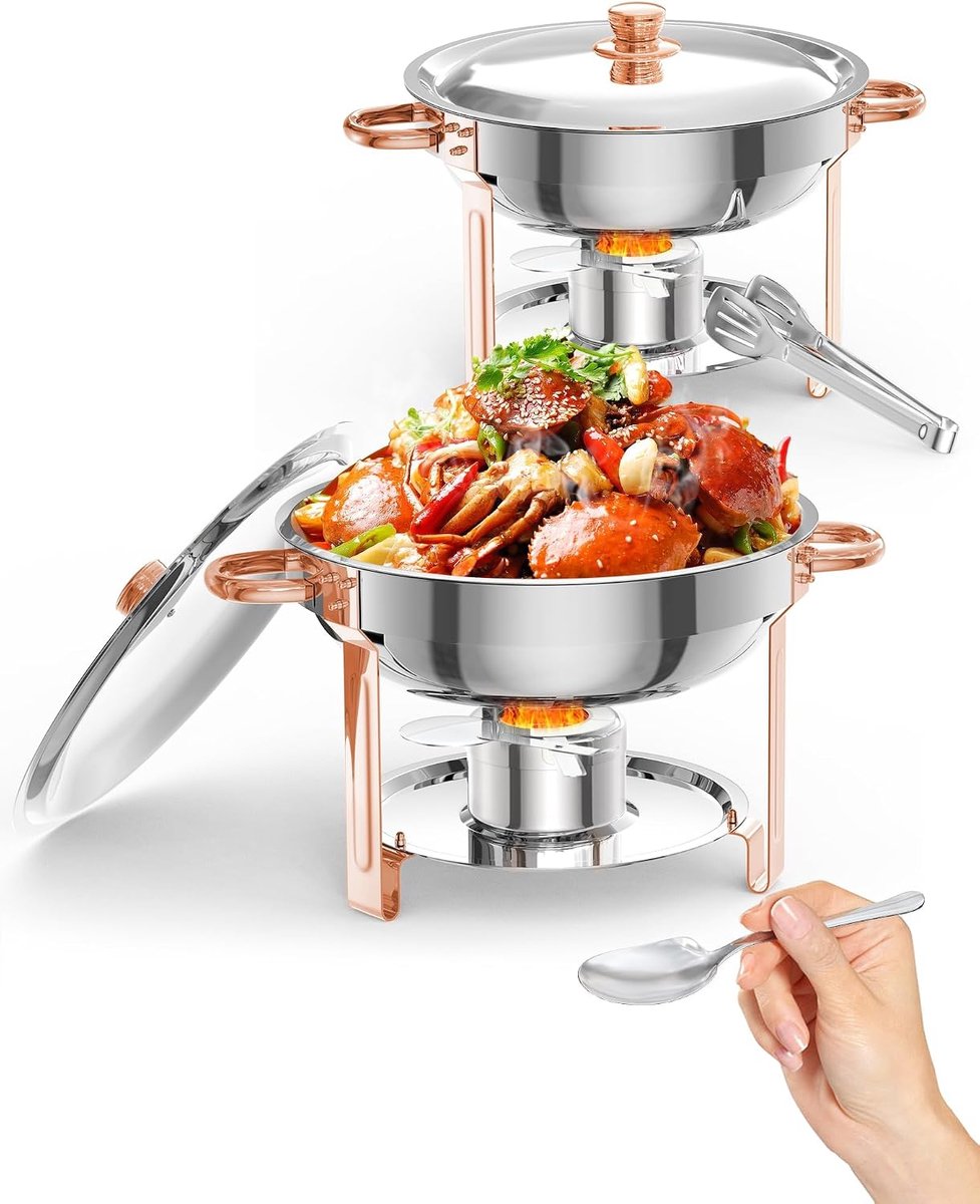 Chafing Dish Set van 2 - 5 Liter Ronde RVS Buffet Warmhouders - Goud - Inclusief Opscheplepel & Tang - Warmhoudschaal voor Catering, Bruiloft & Feest - Gouden Accenten