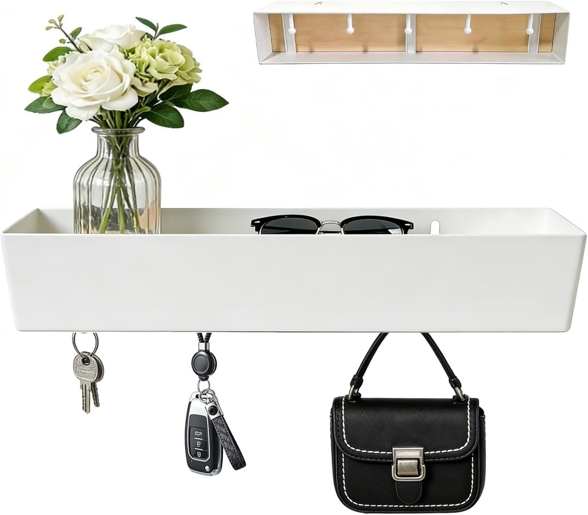Moderne Sleutelhouder met Plank voor Wandmontage, 43 x 3 x 8 cm, Ideaal voor Hal, Entree en Woonkamer, Wit Metaal, Inclusief Schroeven en Eenvoudige Installatie