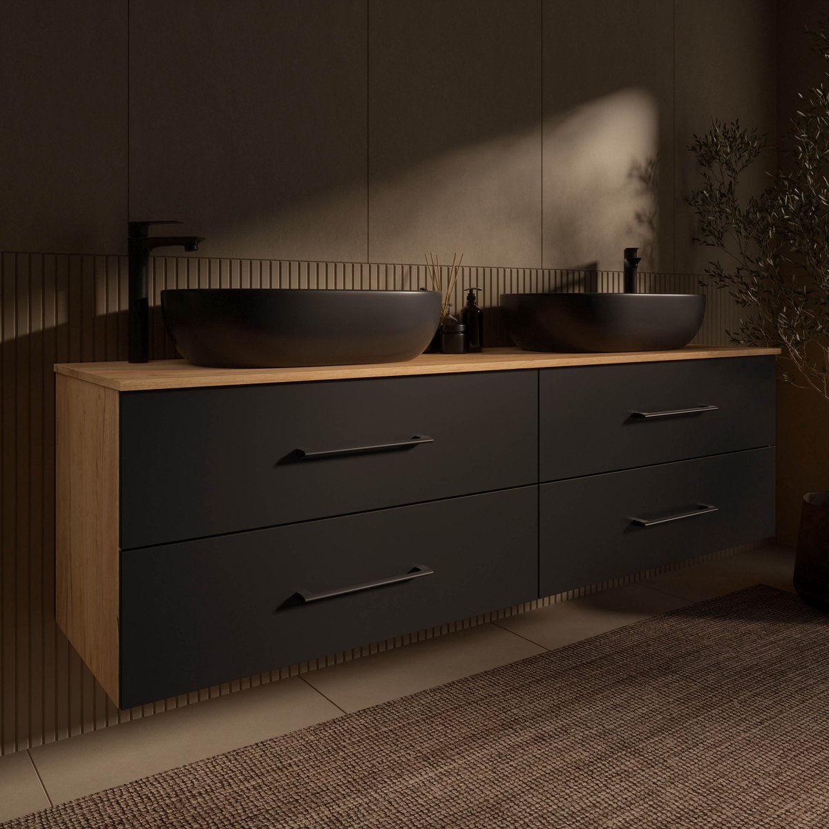 Planetmöbel LUX Dubbel Badmeubel 180 cm 2x Wastafel 60 cm Zwart