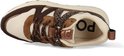 Bovenaanzicht van een donkerbruine sneaker met beige mesh en bruine suède details. Leopardprint accent.