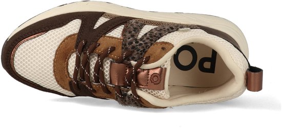 Bovenaanzicht van een donkerbruine sneaker met beige mesh en bruine suède details. Leopardprint accent.