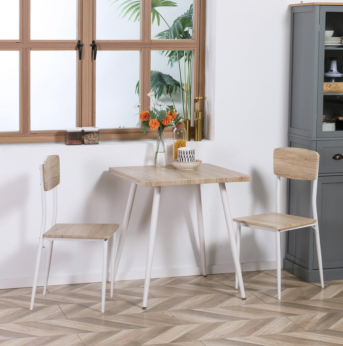 FloraGrace Eetkamerset 70 x 70 cm - Compacte 3-delige Set Met Tafel En 2 Stoelen - Landelijke Stijl - Hout En Metaal - Natuurkleur En Wit