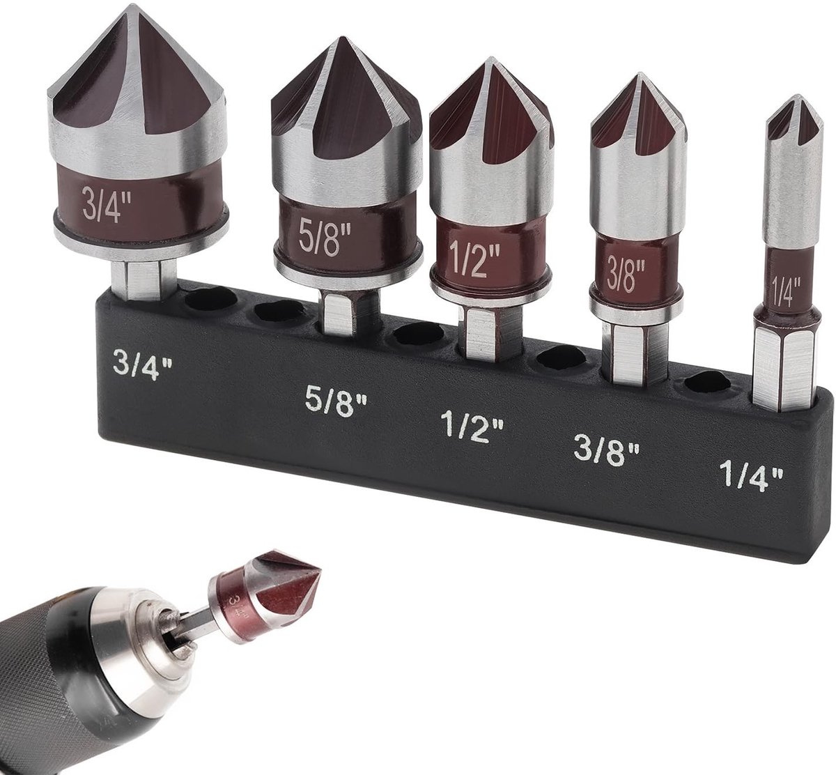 Verzinkboor metaal - Rood, Zilver - 5-delige set met 82° frees - Lagerstaal - Voor koper, aluminium en hout