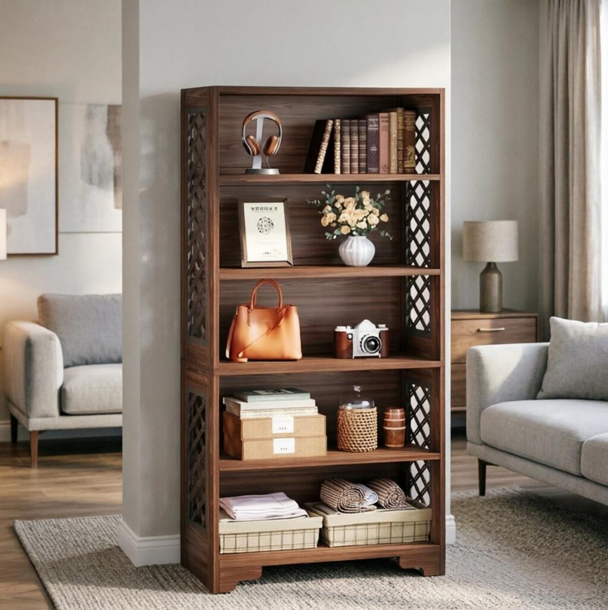 REDOM - Boekenkast - X-vormig zijpaneel - Open opbergontwerp - Stevige houten basis - Klassieke stijl - Woonkamer of kantoor - MDF en hout - 114,5 x 39,5 x 180 cm