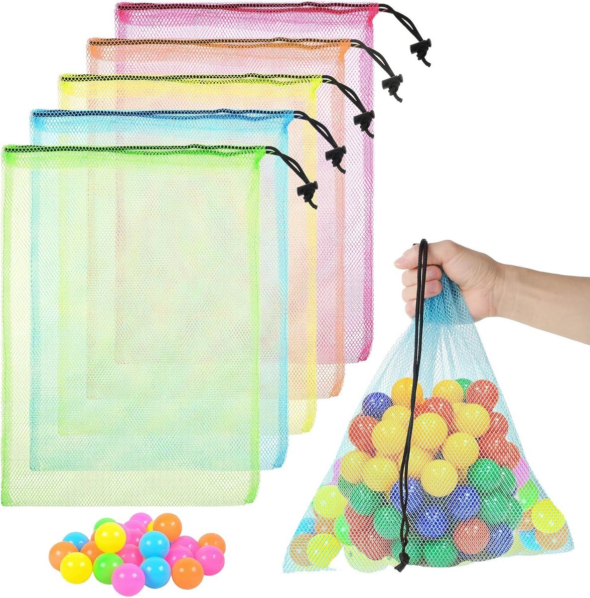 Set van 5 Kleurige Mesh Tassen met Trekkoordsluiting, Ideaal voor Opberging van Reisbenodigdheden en Strandspeelgoed, Handige Draagbare Opbergzakken (38.5 x 33.5 cm)