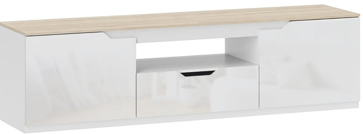 REDOM - TV meubel - 3 vakken met lade en kabelgaten - Open en dichte opbergruimte - Scandinavisch & Basic - Woonkamer - MDF - Naturel - 160 x 38 x 43 cm