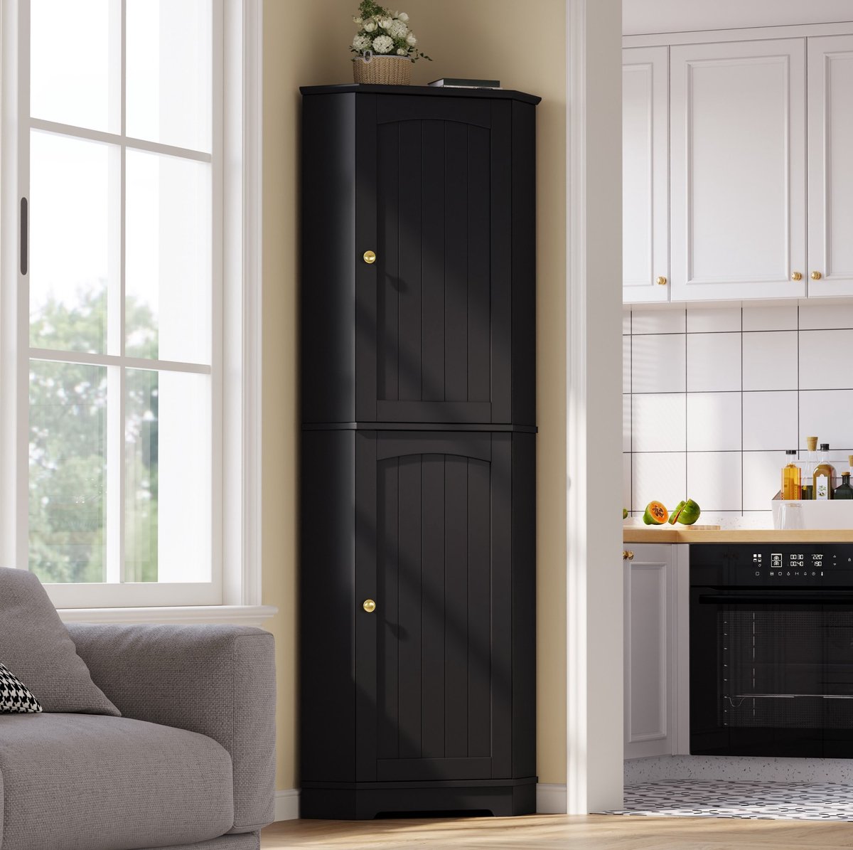 MIVRAY Hoekkast - Opbergkast Met 2 Deuren En Verstelbare Planken - Voor Keuken Woonkamer En Eetkamer - MDF - Zwart - 42 X 42 X 166 Cm