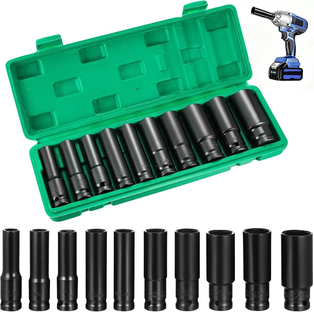 Diepe Impact Bits Set 10-24 mm met Opbergdoos voor Schroevendraaier Adapter, Auto en Huishoudelijk Onderhoud