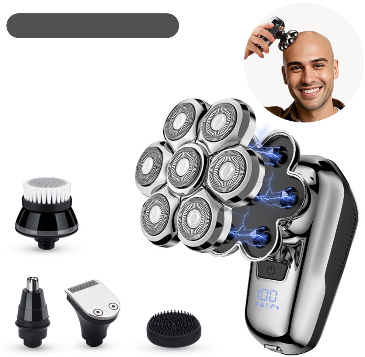 MODFU Elektrisch scheerapparaat heren, 7D zwevende messen, IPX7 waterdicht, magnetisch afneembare kop, met opzetstukken, ABS