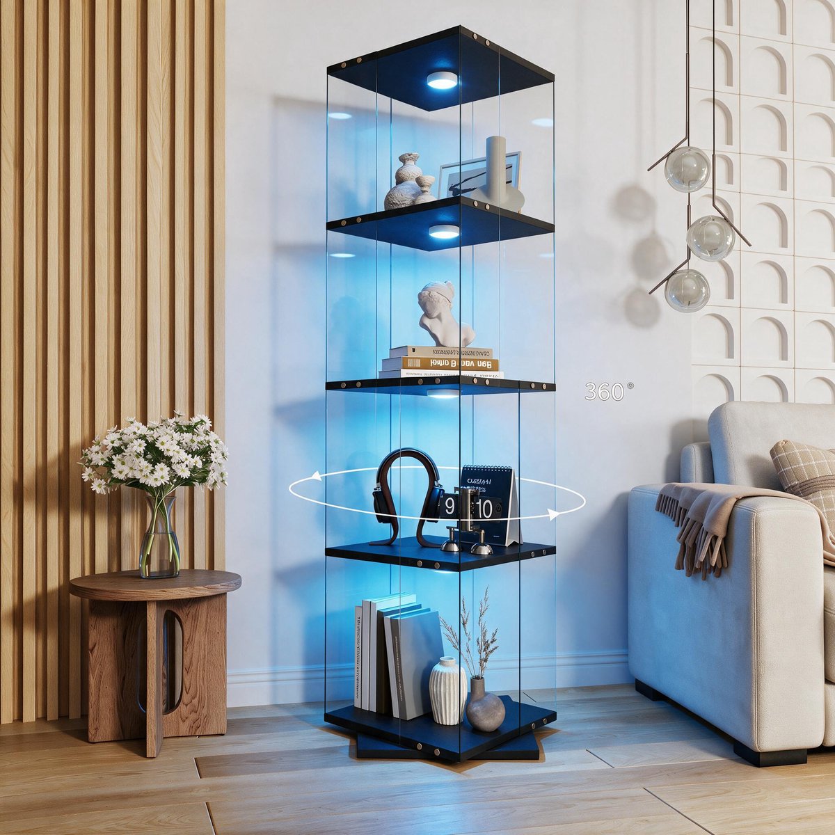 Vitrinekast in glas met LED‑verlichting, 360° draaibare staande vitrine met 4 legplanken, ESG‑veiligheidsglas, voor woonkamer en bar, 160 x 38 x 38 cm, zwart