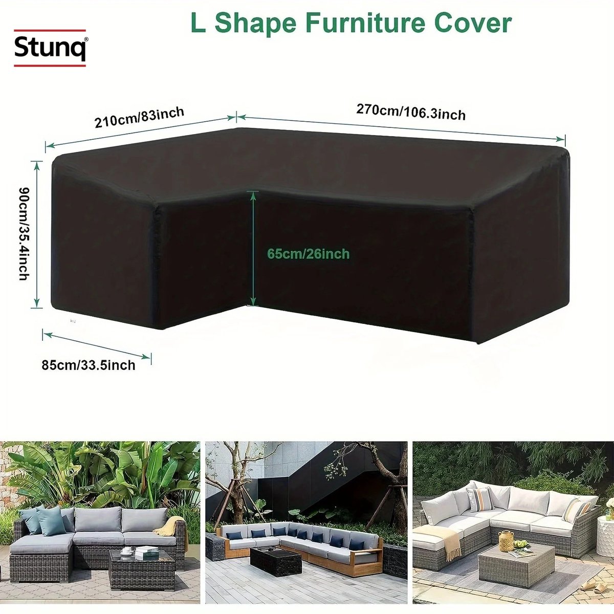 Stunq L-vormige Tuinbankhoes 270x210x90 cm - Waterdicht & UV-bestendig Zwart